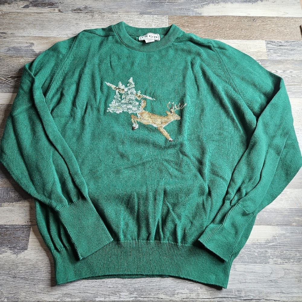 Izod Sweater Vintage Made In USA green XL Deer Tree Cross Stitch